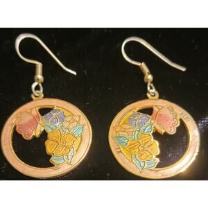 Vintage cloisonné purple butterfly heart pink, yellow flowers earrings